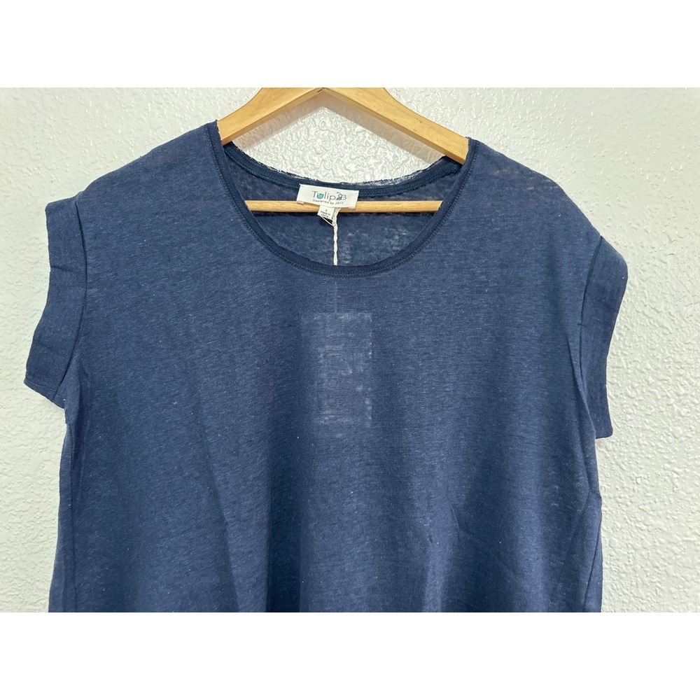 Tulip B  Womens Navy Blue Linen Blend High-Low Pleated Back Top S - Picture 3 of 11